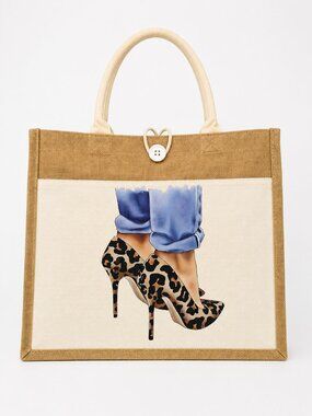 Leopard Heels & Cuffed Jeans Fashion Tote Bag | Jute Canvas